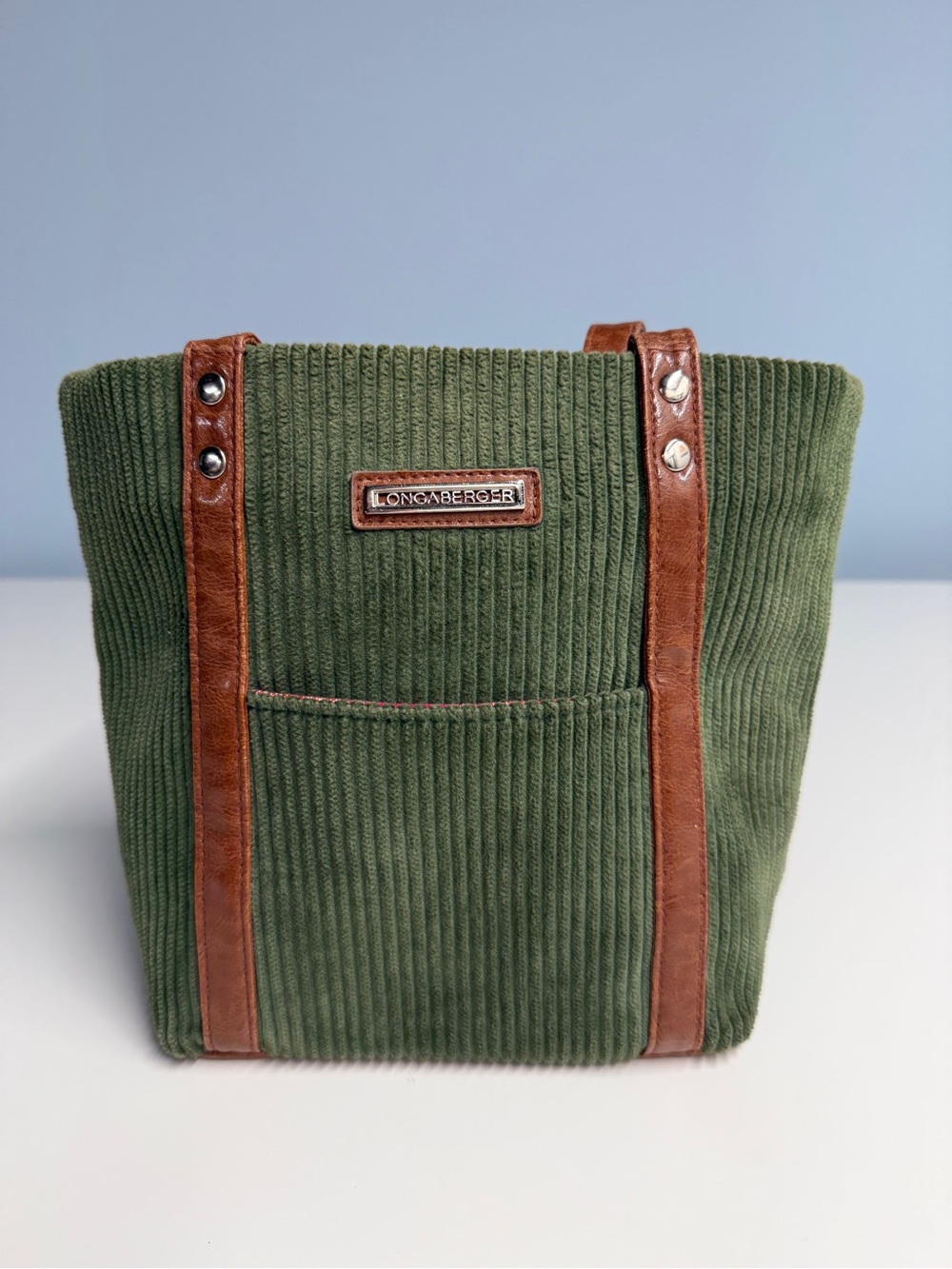 Longaberger Green Corduroy Tote with Brown Leather Accents - Picture 2 of 6